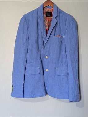 Zara Man Men's Blue Linen Sport Coat Paisley Lining Coastal Chic Smart-Casual